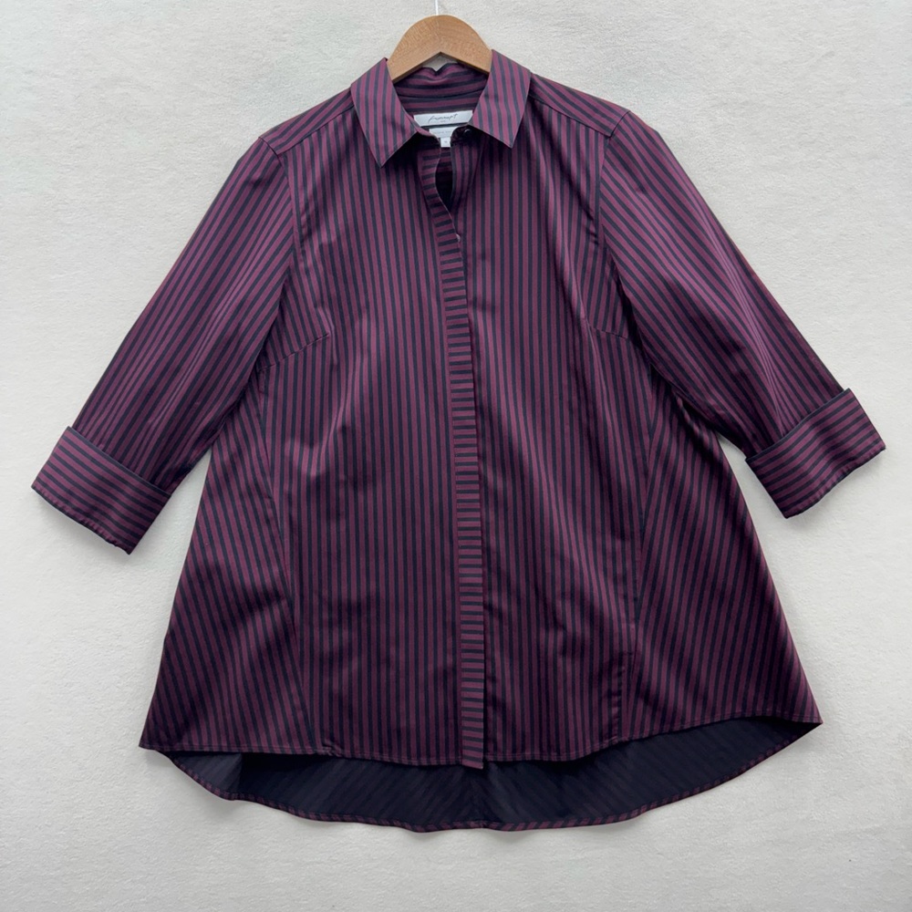 Foxcroft Women’s 10 Purple Stripe Button Down Shirt Heritage Non Iron Hi Low Hem